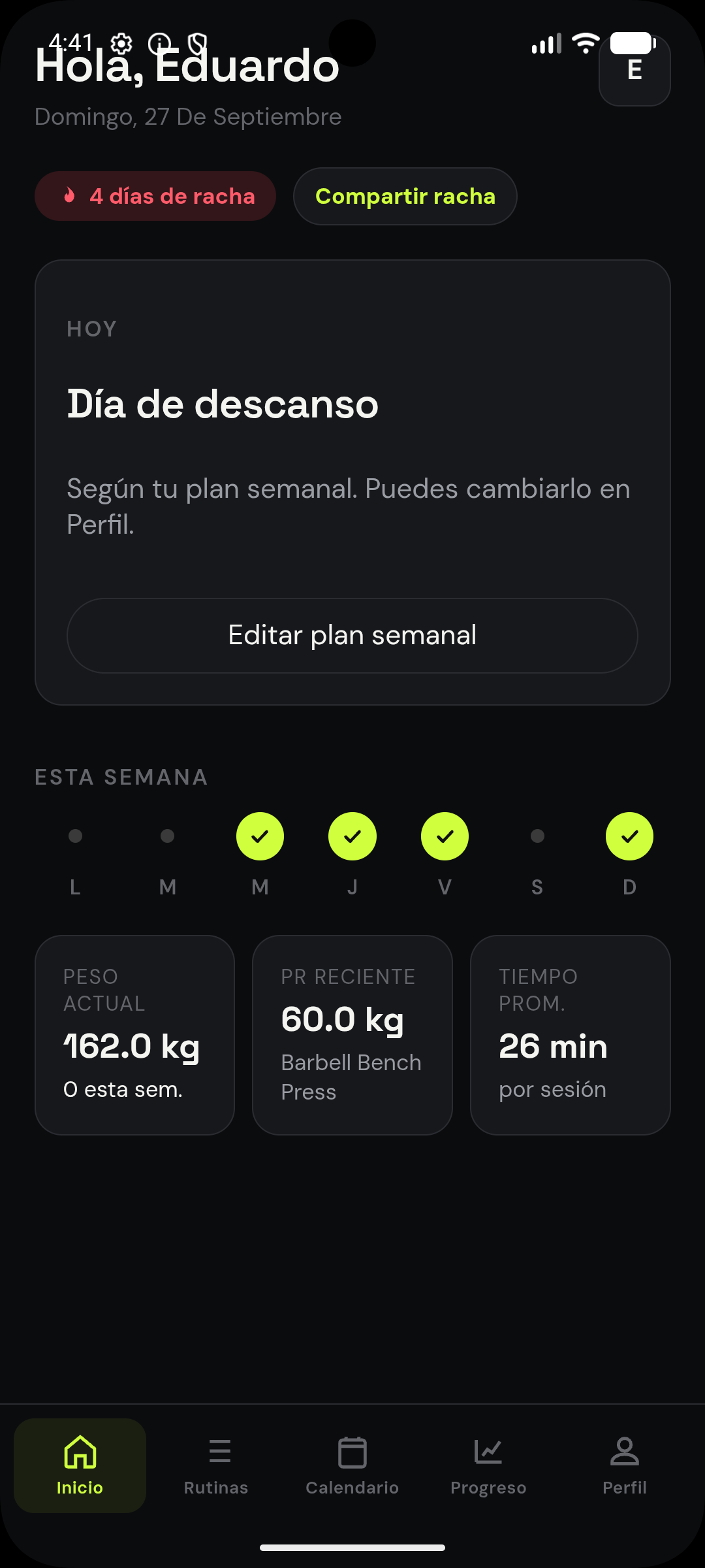 Pantalla de inicio de FORJA con la racha y el plan del día
