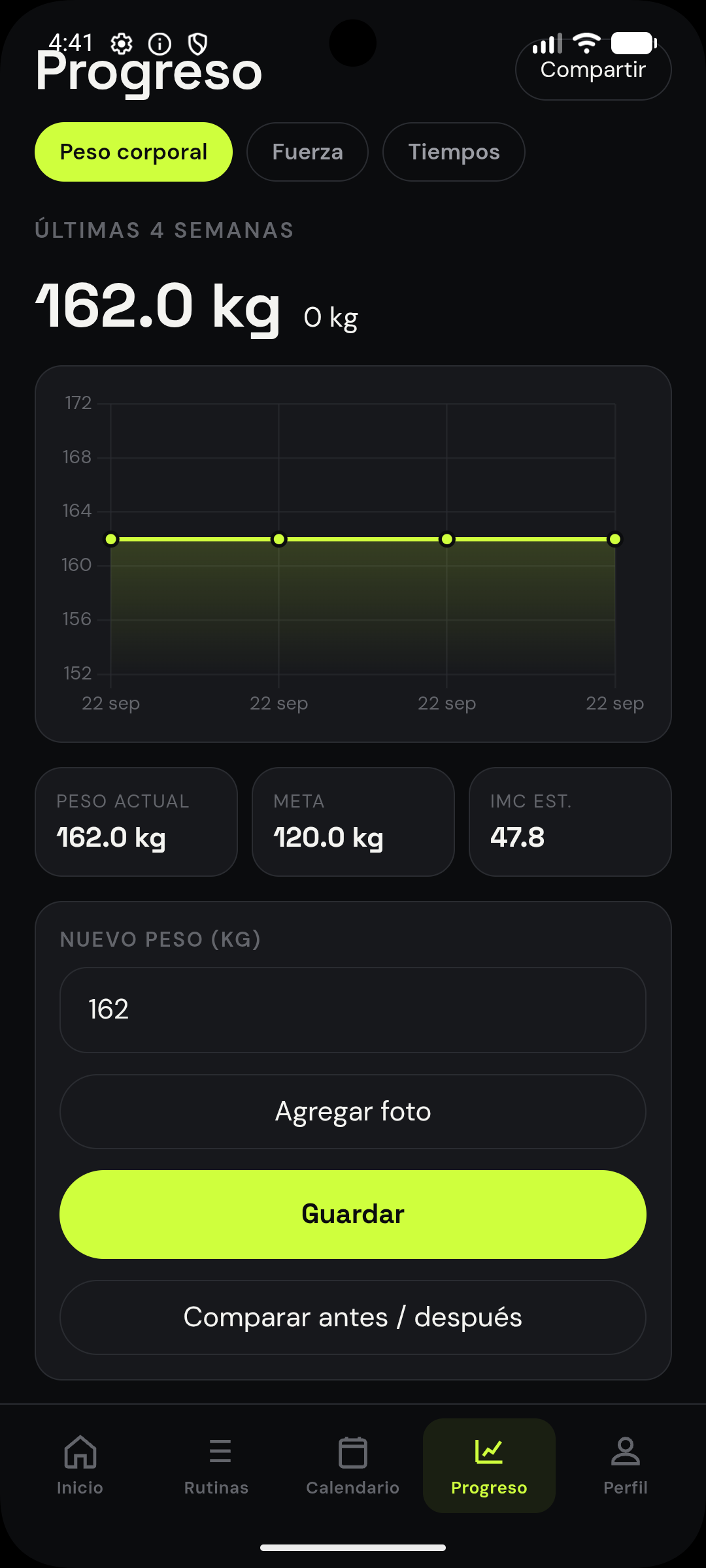 Pantalla de progreso con gráfica de peso corporal