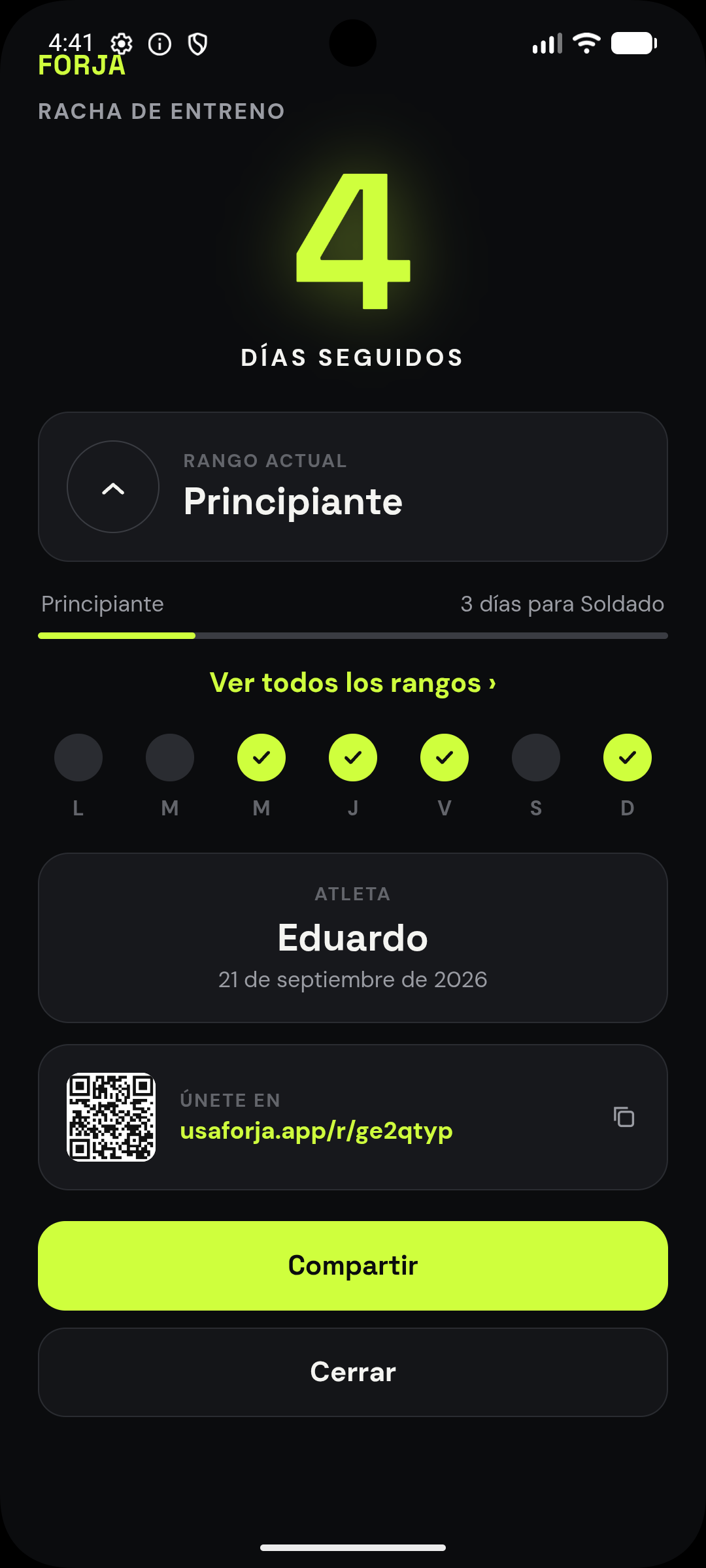 Racha de entrenamiento en FORJA, rango Principiante, 4 días seguidos