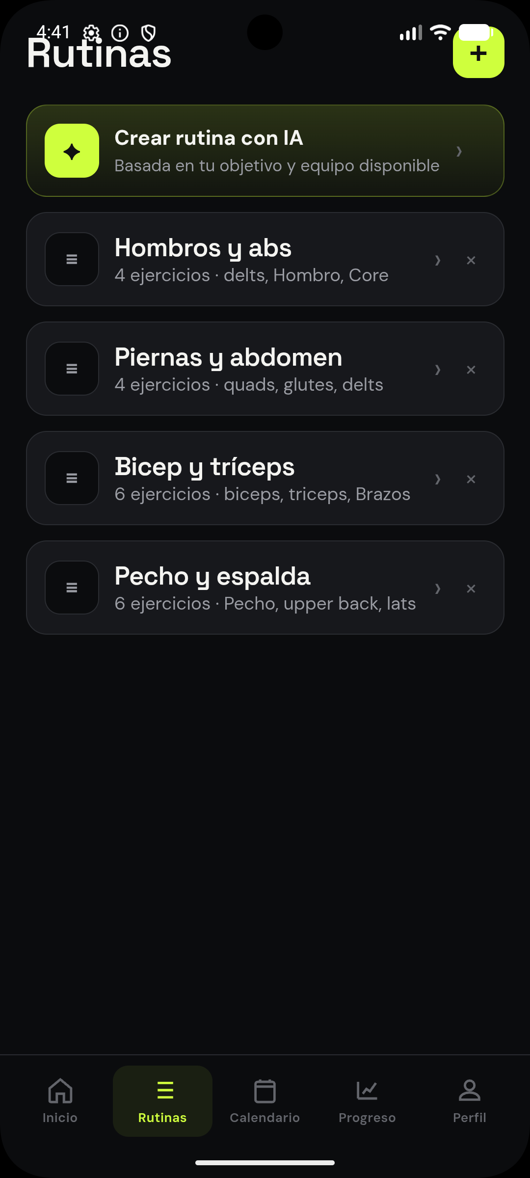 Lista de rutinas con la opción de crear rutina con IA